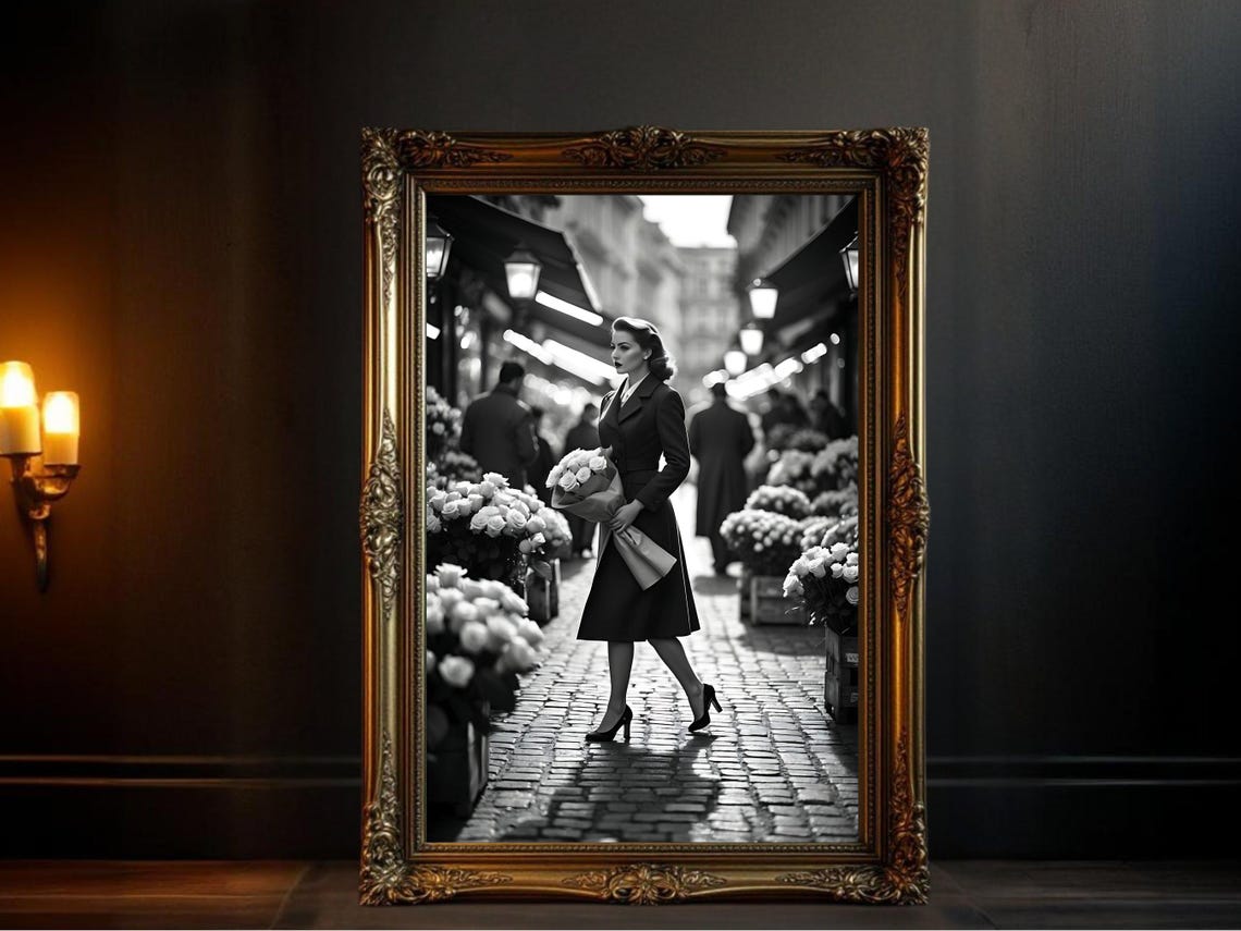 Elegant Woman With Bouquet In A Cobblestone Flower Market Poster