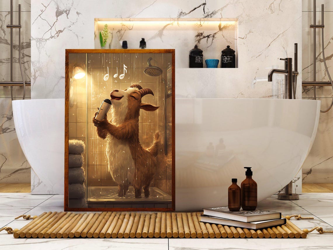 Singing Goat In Shower Holding Bottle Musical Notes Animal Poster - Image 5