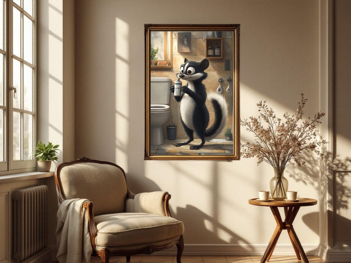 Adorable Skunk Holding Bottle In Bathroom Quirky Animal Art Poster - Image 4