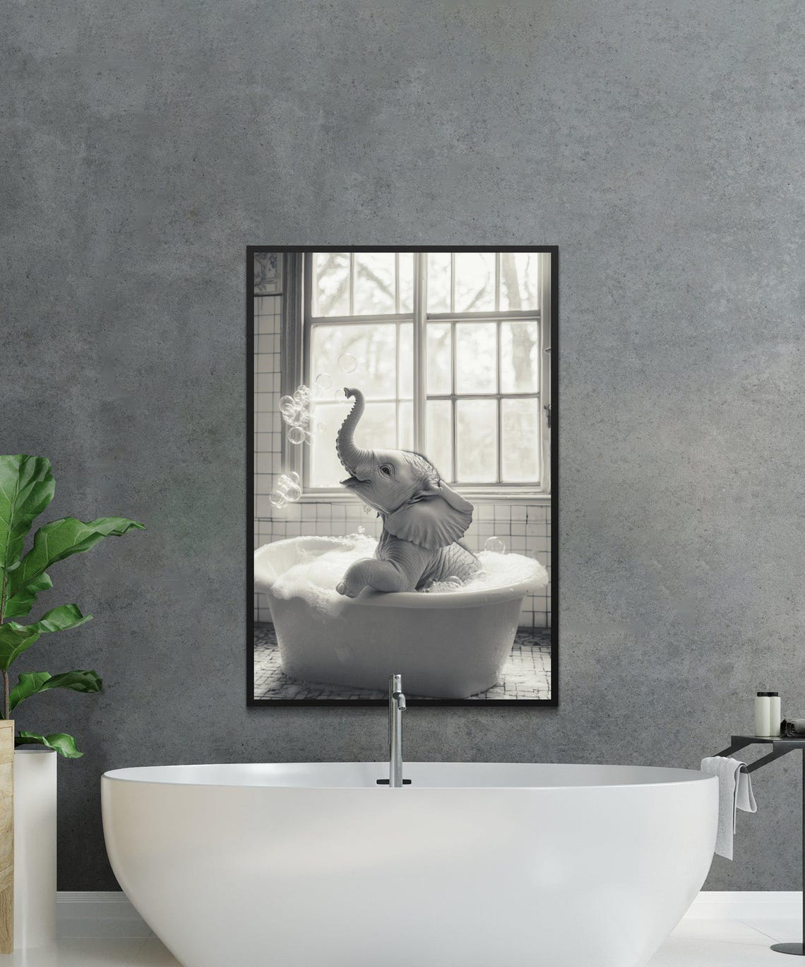 Baby Elephant Blowing Bubbles in a Tub Black White Photo Poster - Image 2