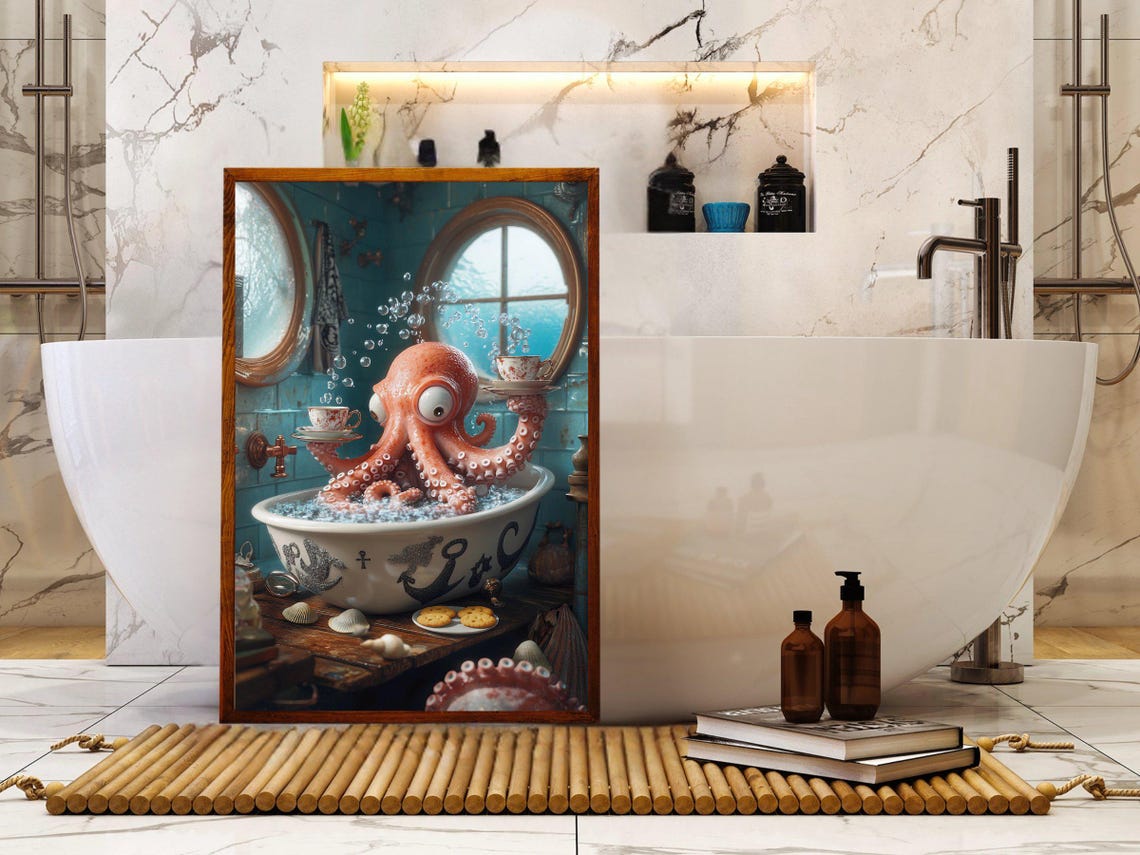 Cheerful Red Octopus Enjoying Tea in a Ship Cabin Bathtub Poster - Image 5