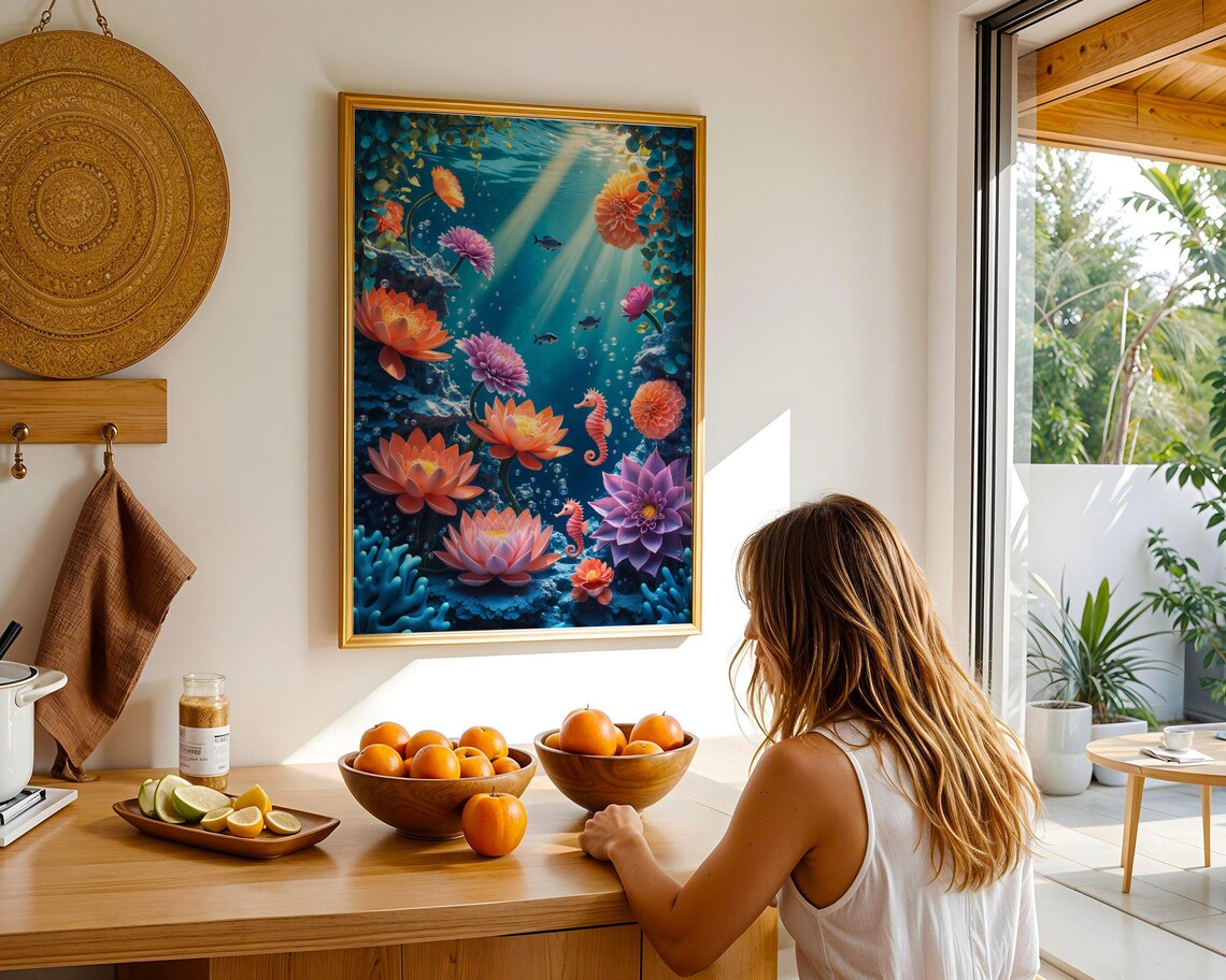 Underwater Garden With Giant Lotus Flowers Seahorses And Fish Poster - Image 2