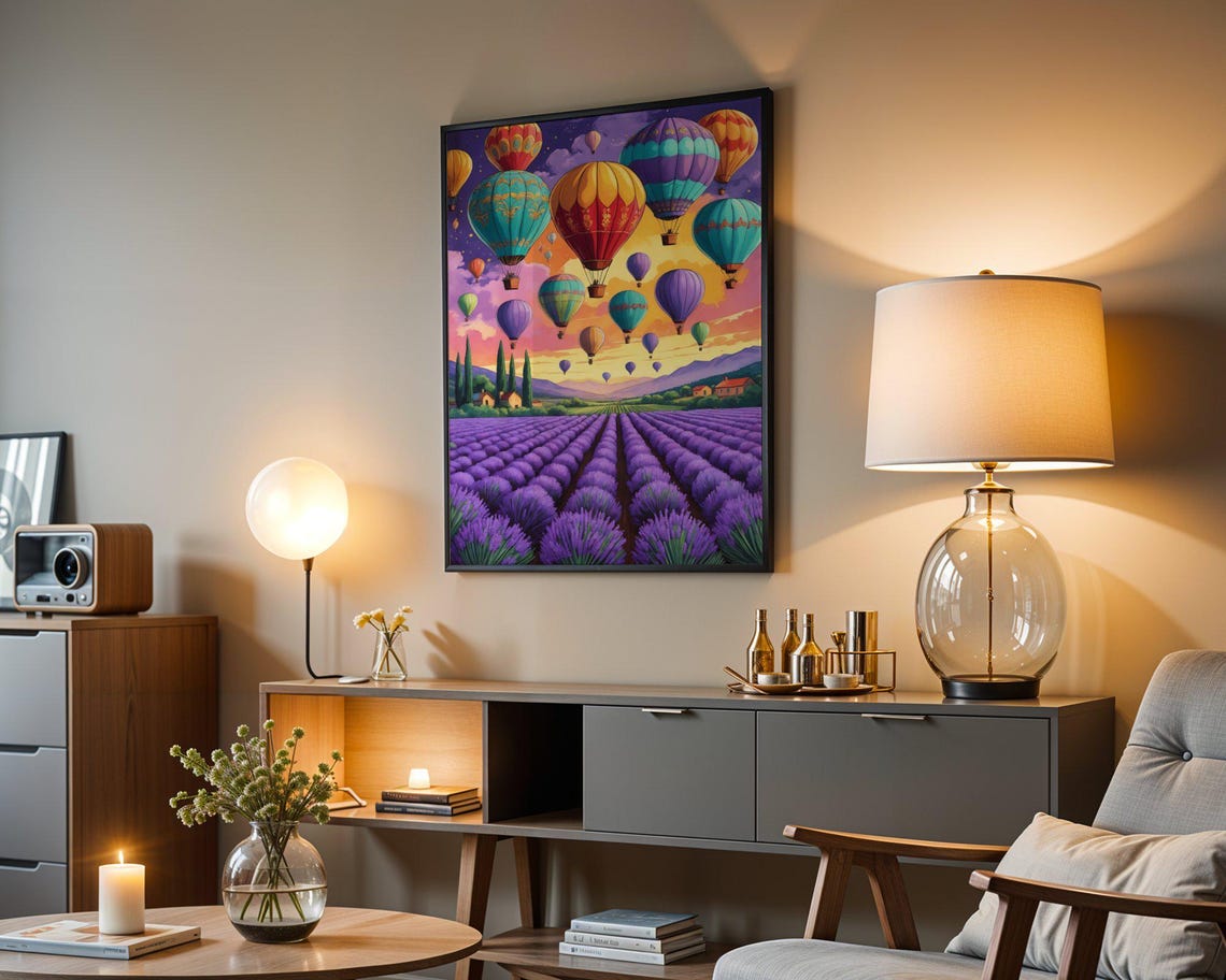 Colorful Hot Air Balloons Over Lavender Fields Sunset Poster - Image 3