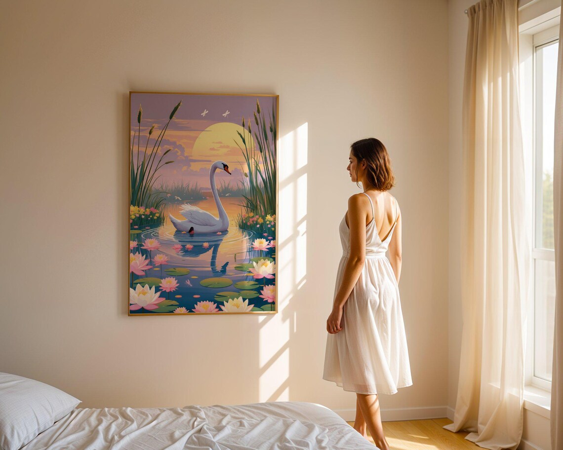 White Swan Swimming At Sunset Among Pink Water Lilies And Reeds Poster - Image 4