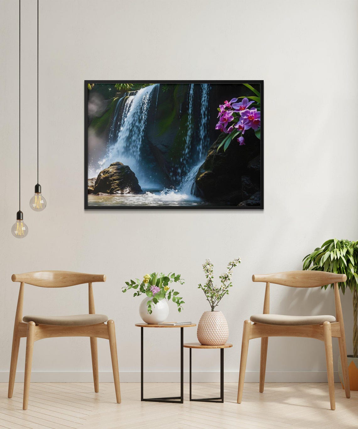 Tropical Waterfall With Purple Orchids Nature Landscape Poster - Image 2
