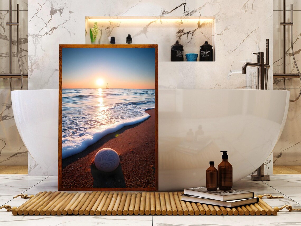 Striped Seashell Resting on Red Beach Sand at Golden Sunset Poster - Image 2