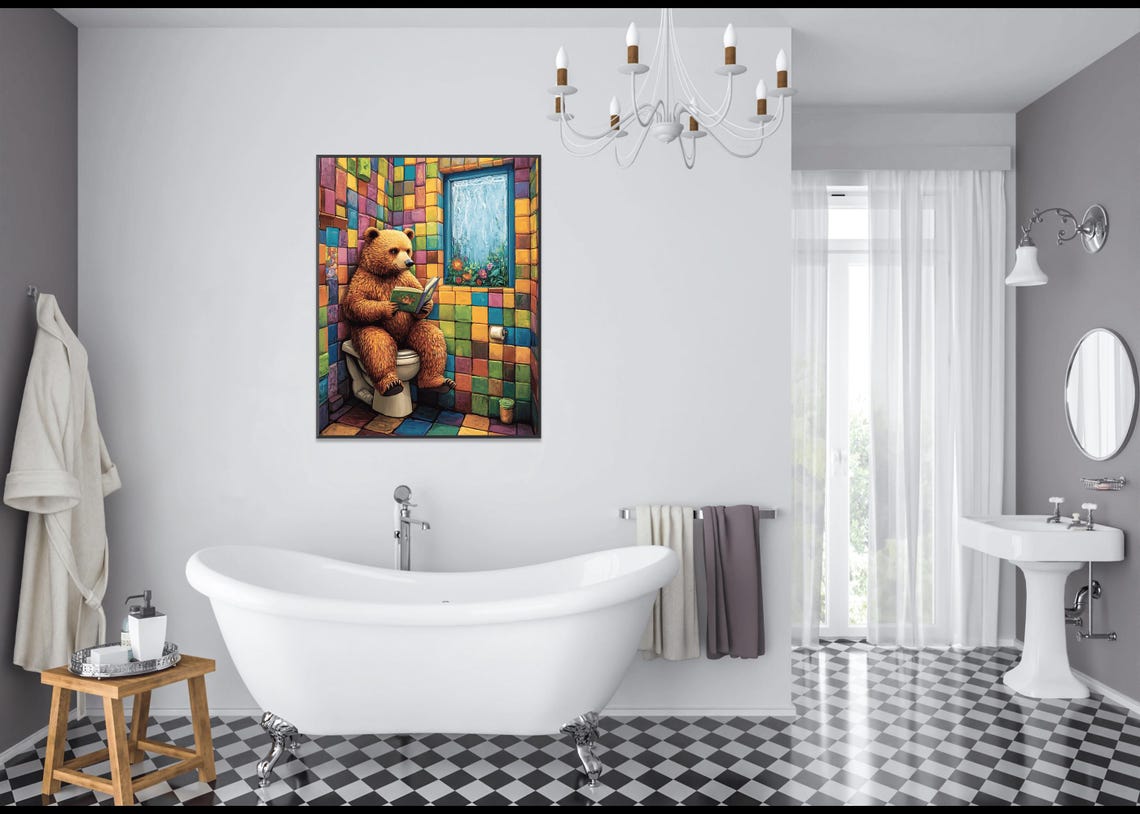 Brown Bear Reading Book Sitting On Toilet Colorful Bathroom Poster - Image 5