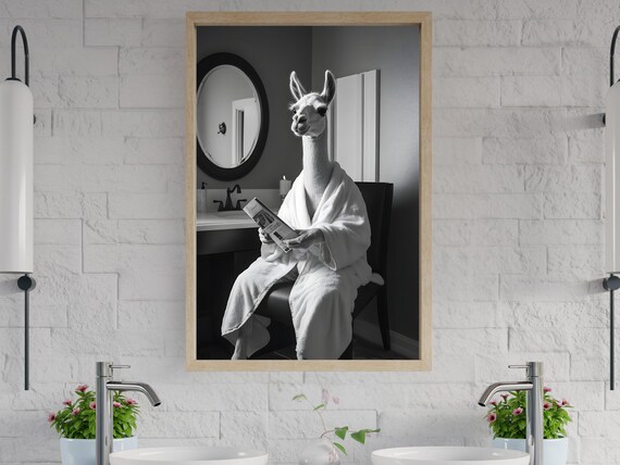 Llama In White Bathrobe Reading Newspaper Black And White Animal Poster