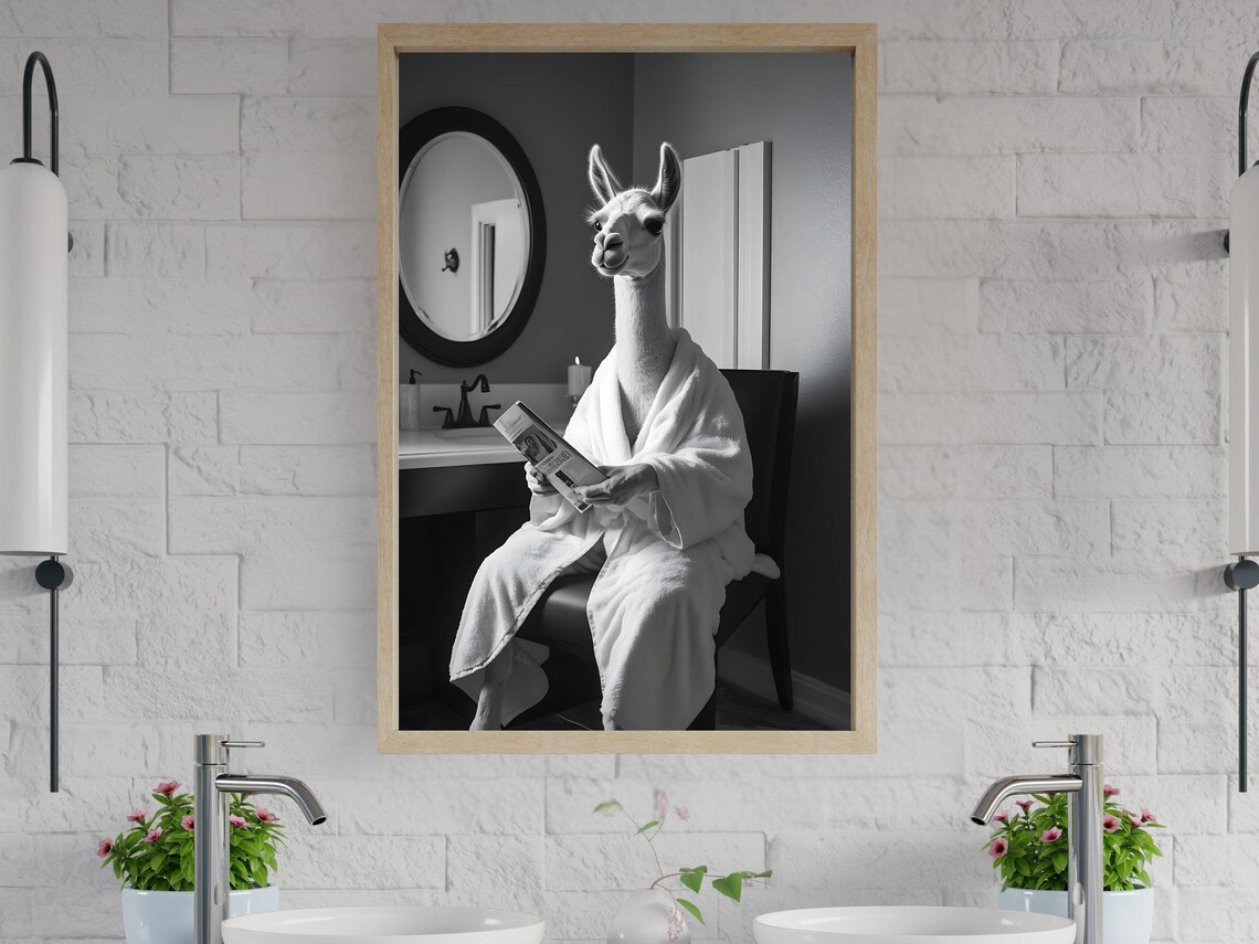 Llama In White Bathrobe Reading Newspaper Black And White Animal Poster