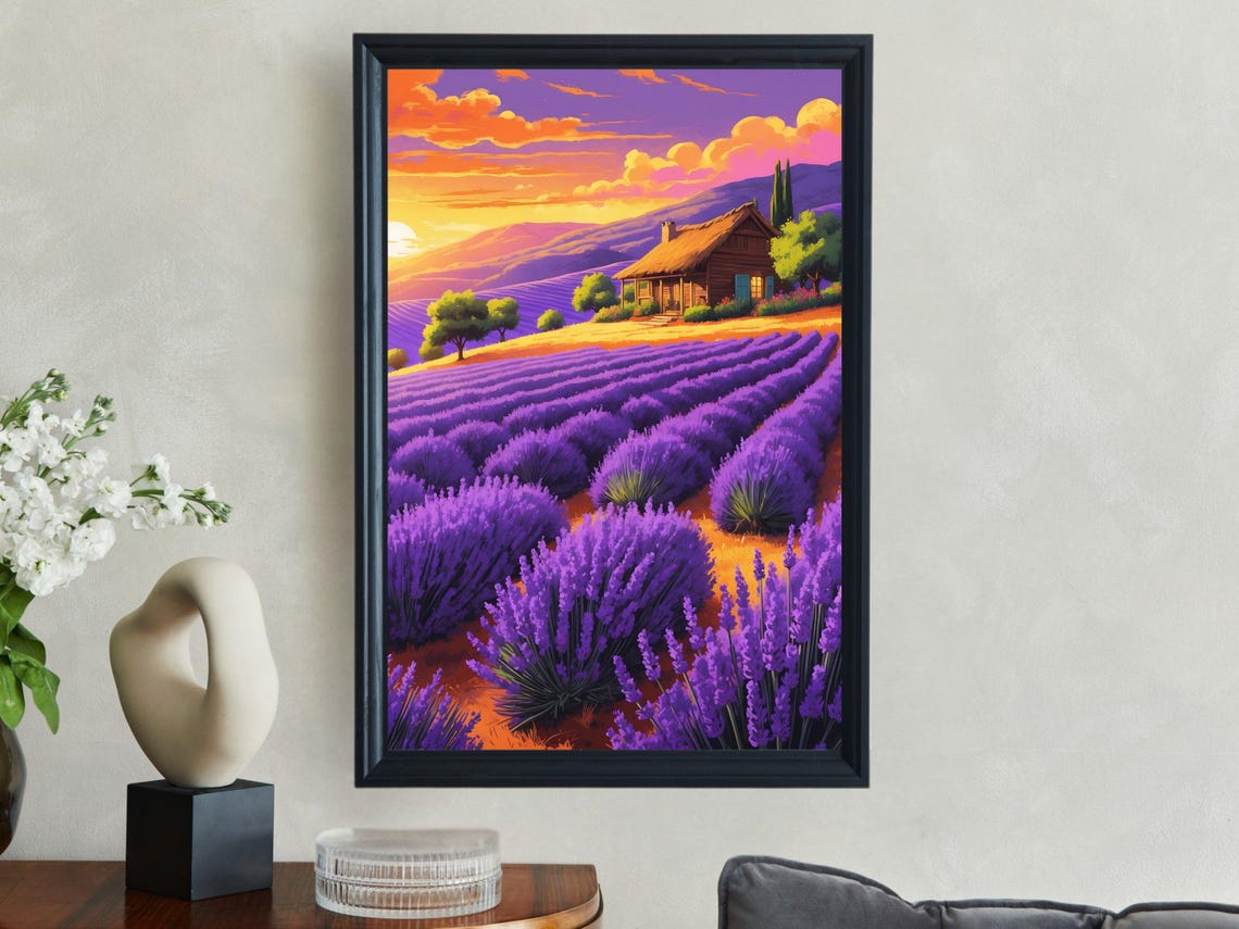 Lavender Field Sunset Rustic Cabin Golden Mountain Art Print