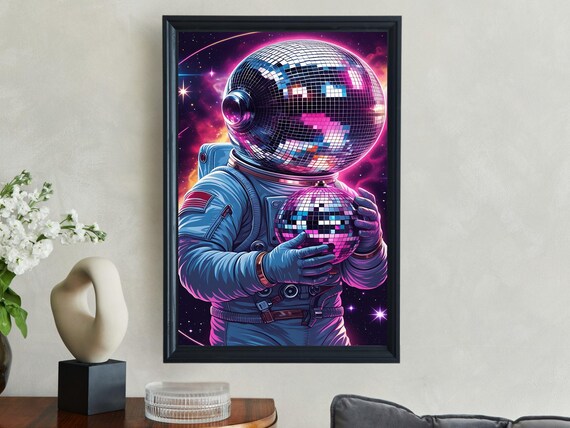 Astronaut With Disco Ball Helmet Holding Mirror Ball Space Poster