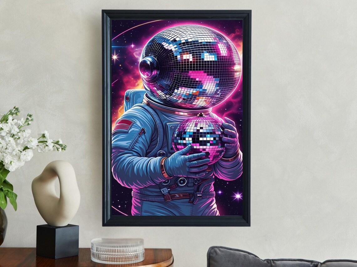 Astronaut With Disco Ball Helmet Holding Mirror Ball Space Poster