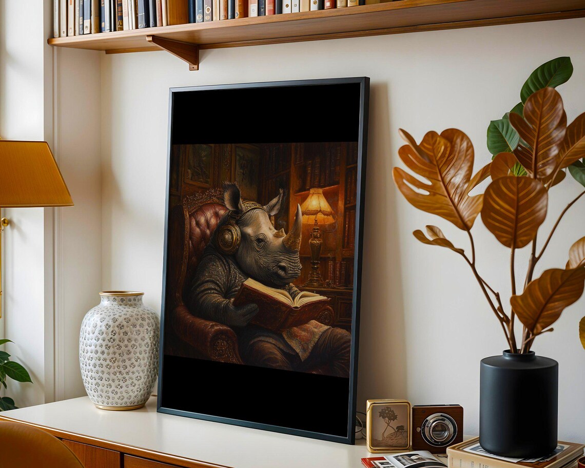 Rhino Reading A Book In A Leather Armchair In A Cozy Library Poster - Image 5