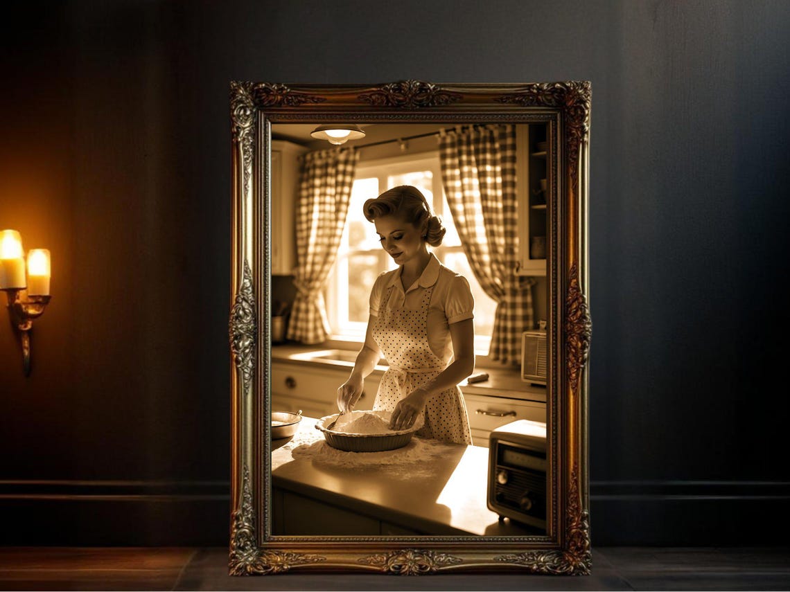 Smiling Woman Baking Pie in Polka Dot Apron, Sepia Kitchen Poster