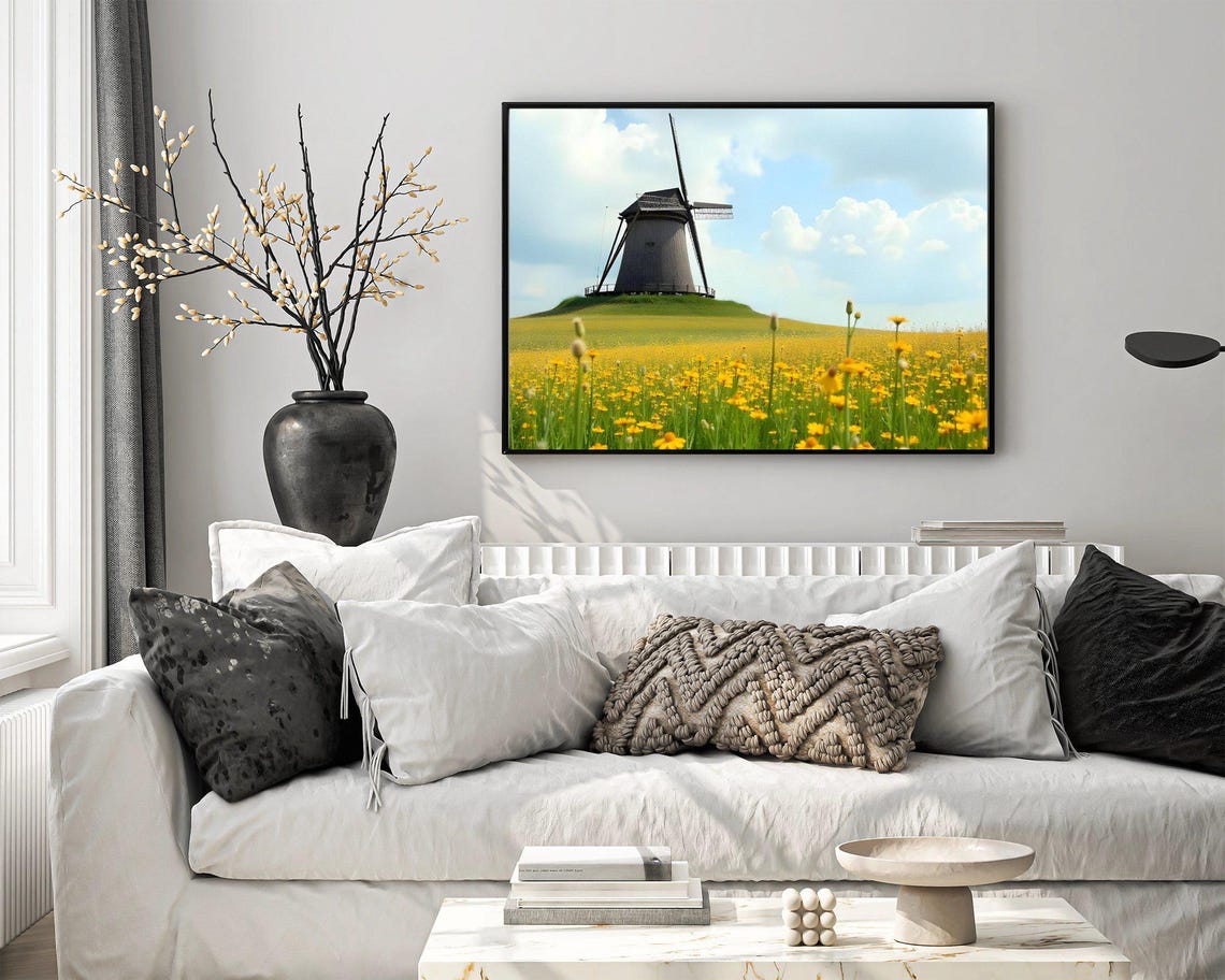 Classic Windmill In Yellow Wildflower Field Rustic Country Poster - Image 4