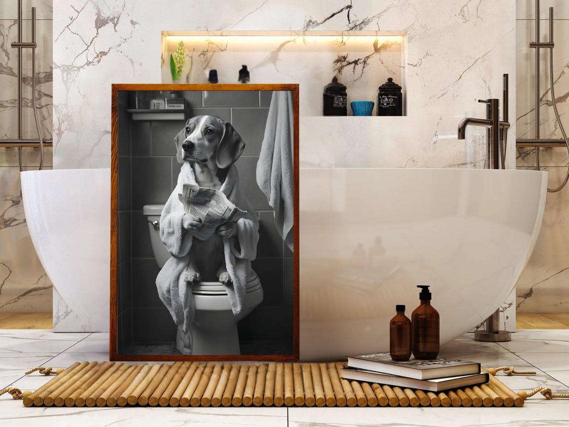 Beagle In Bathrobe Reading Newspaper On Toilet Black And White Poster - Image 5