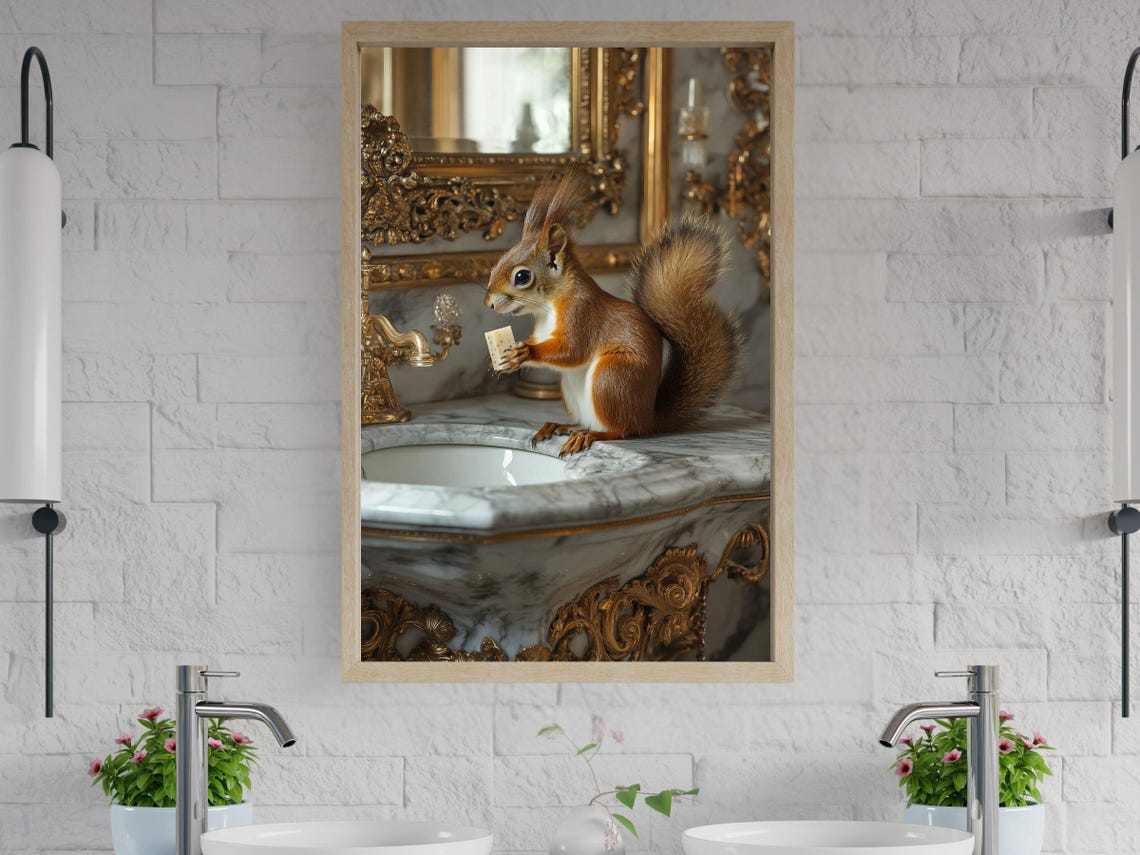 Tiny Red Squirrel Holding Soap on an Ornate Golden Marble Sink Poster
