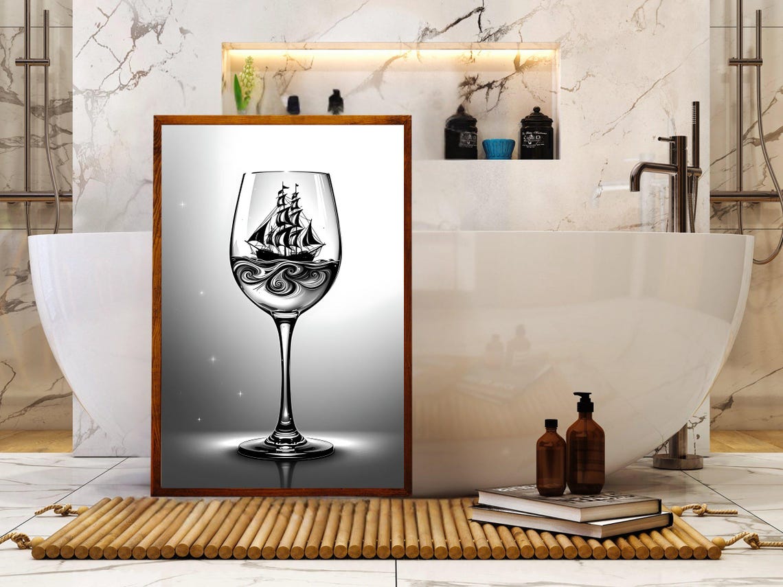 Nautical Wine Glass Wall Art Sailboat In Wine Glass Art Print Black And White Nautical Decor Ocean Sailing Artwork - Image 4