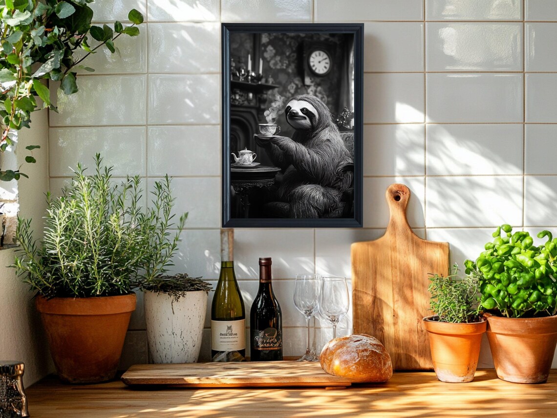 Sloth Enjoying Teatime Cute Black and White Animal Art Poster - Image 2
