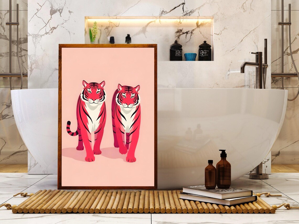 Pair of Red Tigers Walking Pink Background Modern Animal Art Print - Image 2