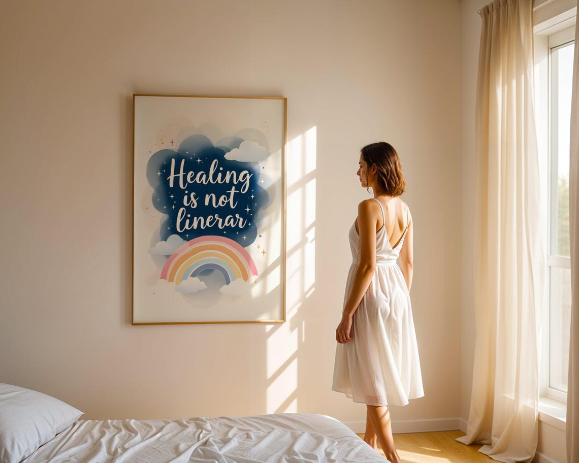 Healing Is Not Linear Inspirational Quote Art Print Rainbow And Clouds Wall Art Motivational Poster - Image 5
