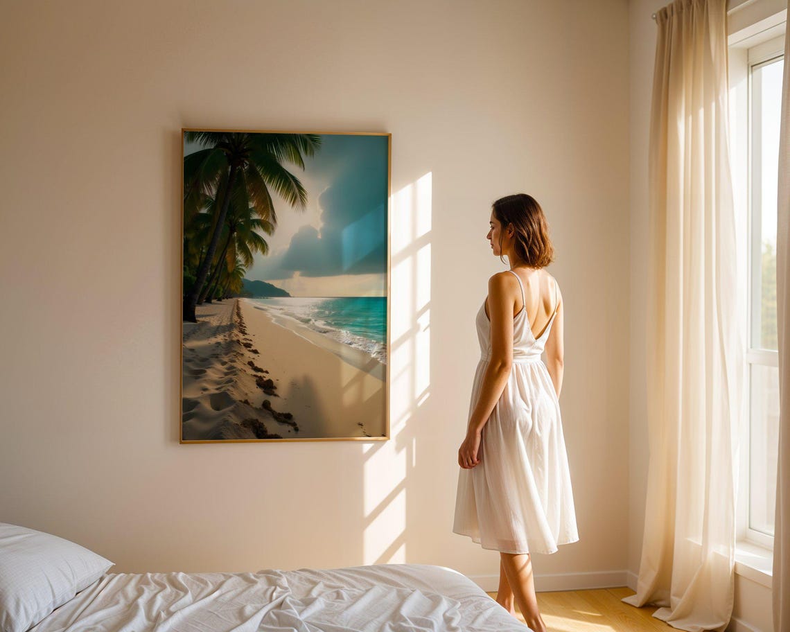 Palm Lined Sandy Beach with Footprints in Sunlit Ocean Sand Poster - Image 4