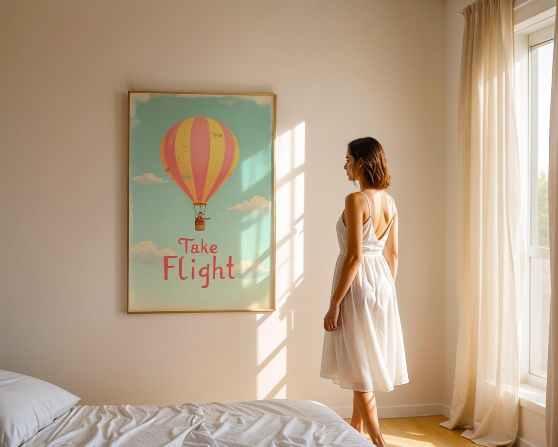 Take Flight Pink Yellow Hot Air Balloon Adventure Kids Art Poster - Image 4