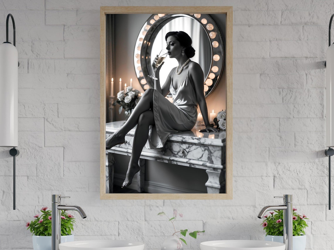 Woman In Satin Dress Sipping Champagne At Hollywood Vanity Poster