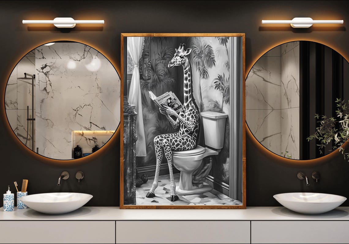 Giraffe Reading a Newspaper on the Toilet Whimsical Bathroom Poster - Image 3