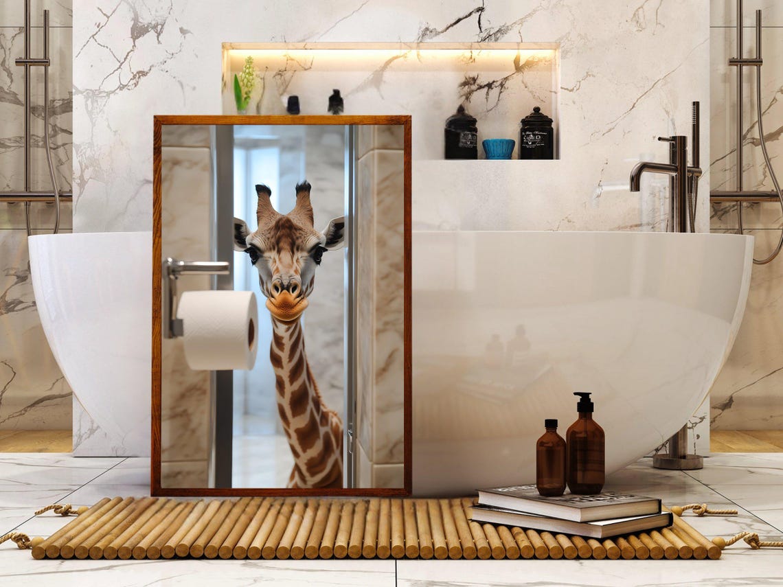 Giraffe Peeking Through Bathroom Door Funny Animal Bathroom Poster - Image 5