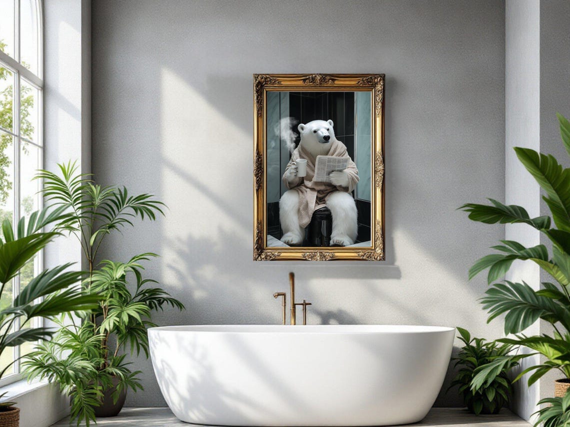 Polar Bear in Bathrobe Enjoying Coffee and the Morning Paper Poster - Image 3