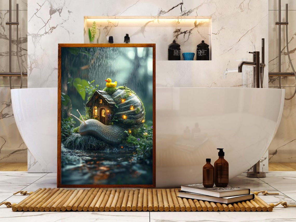 Giant Snail Carrying a Glowing Cottage in the Rain Fantasy Poster - Image 5