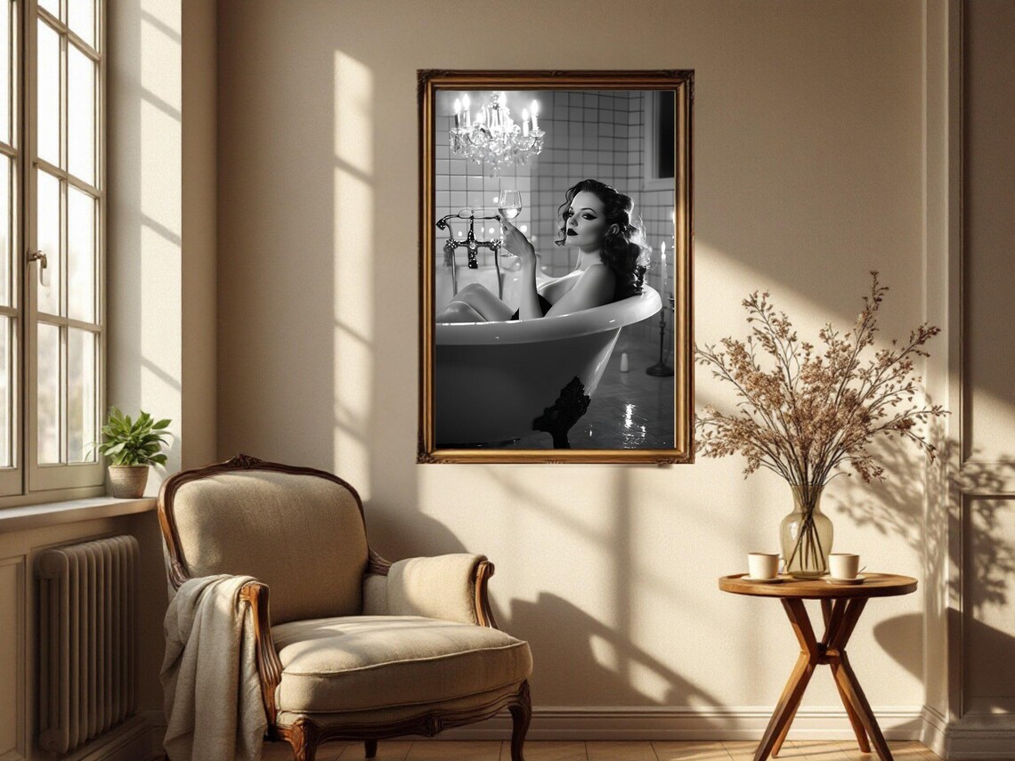Glamorous Vintage Wall Art Elegant Black And White Bathroom Decor Retro Woman In Bathtub Print Candlelit Ambiance Classic Luxury - Image 5
