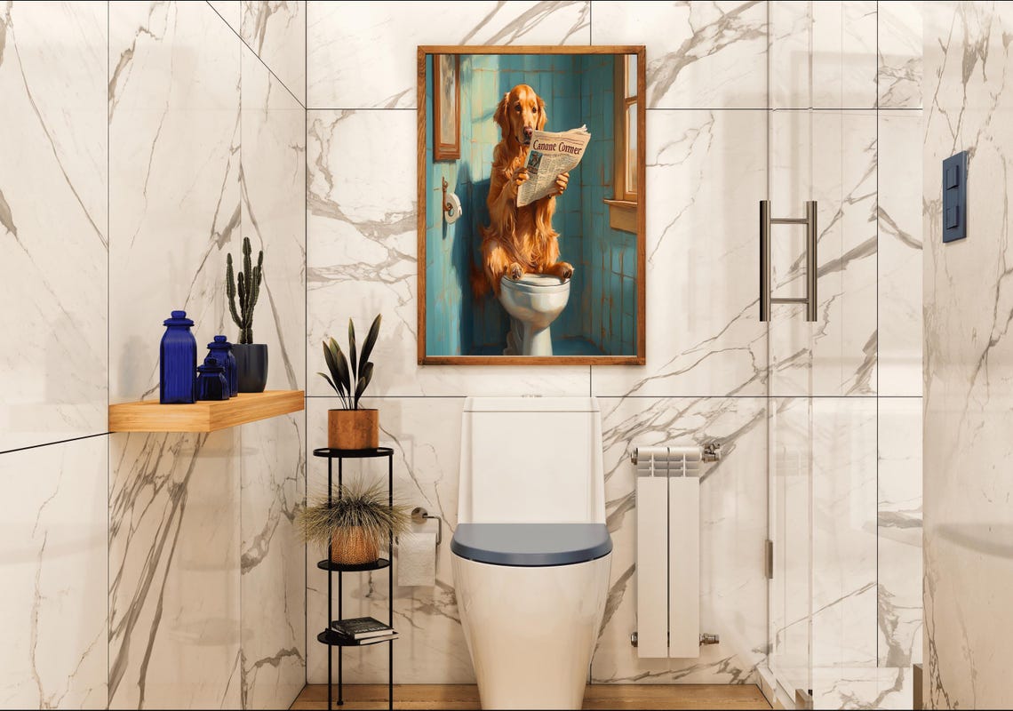 Golden Retriever Reading Canane Commer Newspaper On A Toilet Poster - Image 4