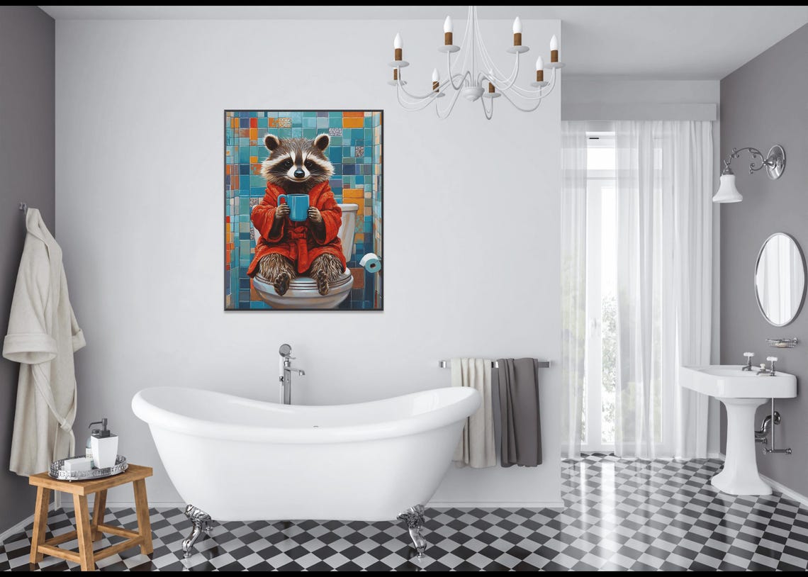 Cute Raccoon Wall Art Raccoon Print In Bathroom Animal Art For Kids Fun Animal Wall Decor Colorful Animal Illustration Playful Raccoon - Image 3