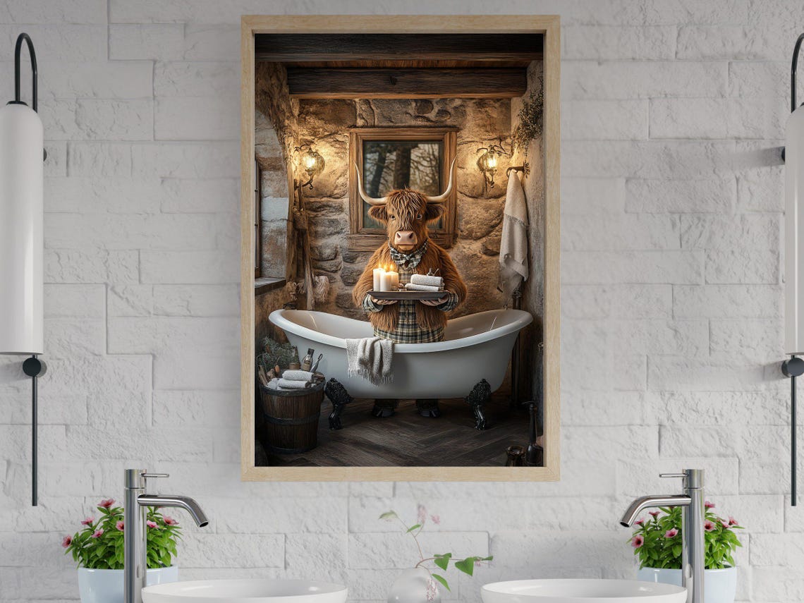 Highland Cow Holding a Spa Tray by a Clawfoot Tub Rustic Poster