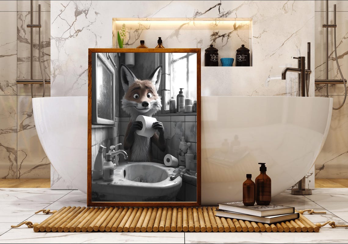 Cheeky Fox Holding Toilet Paper at the Sink Black and White Poster - Image 5