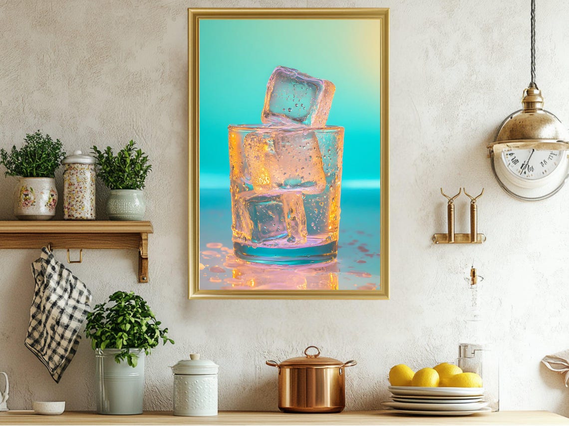 Stacked Ice Cubes at Sunset Refreshing Modern Drink Art Poster