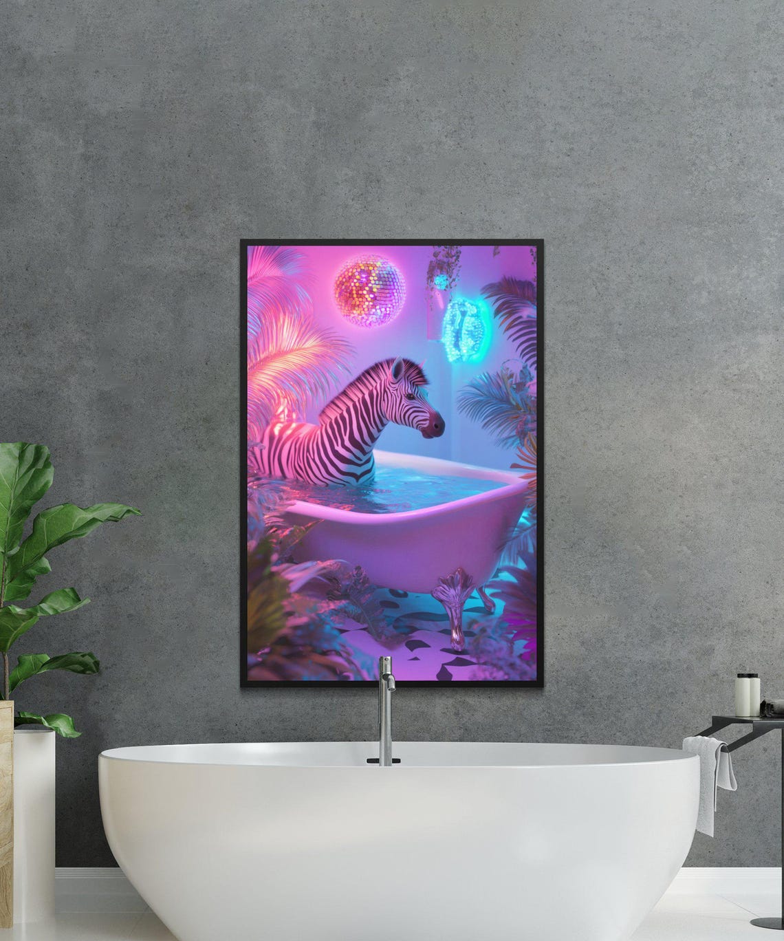 Zebra Soaking in a Bathtub Under Neon Tropical Lights Poster - Image 2