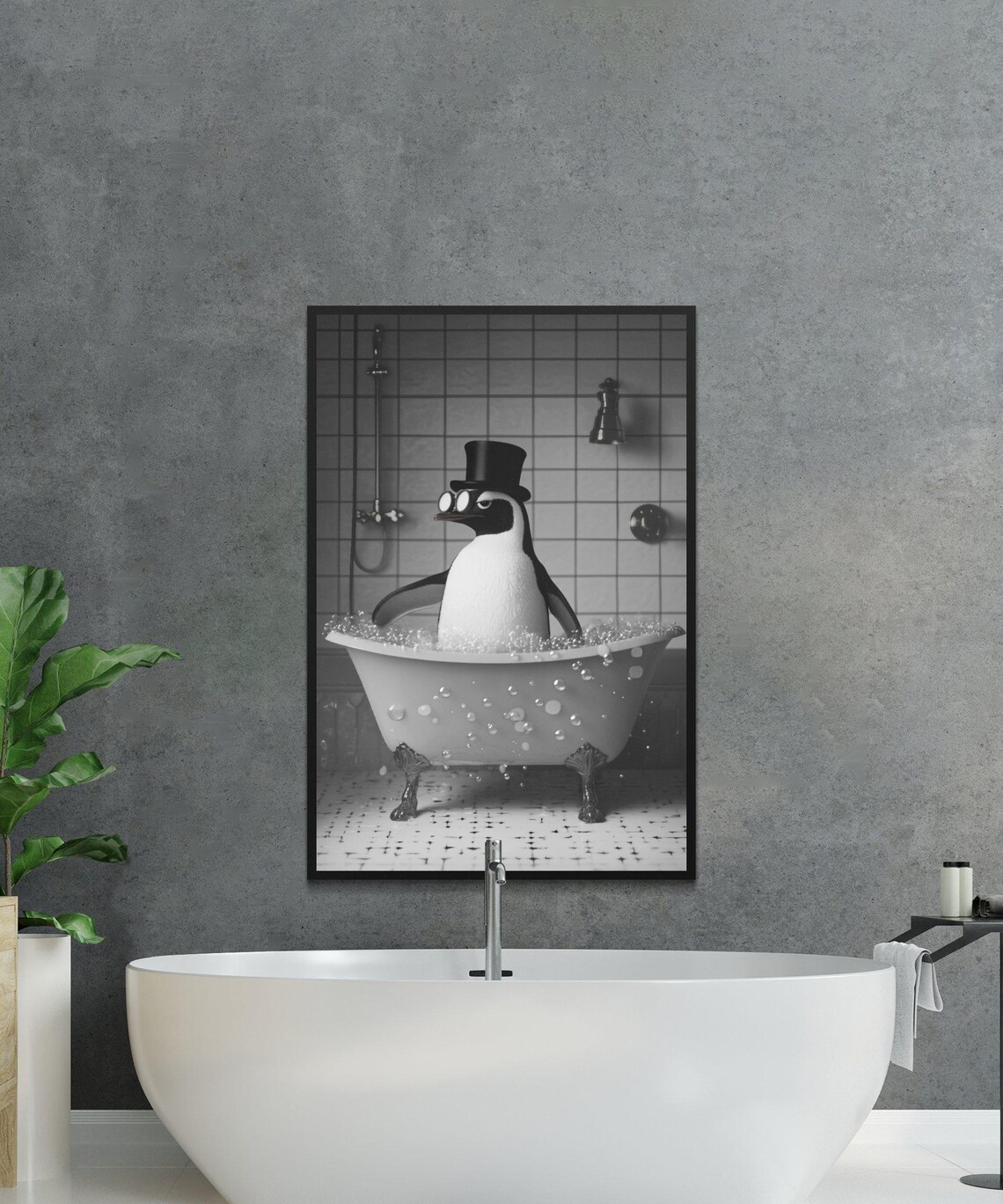 Penguin in a Top Hat Sitting in a Vintage Clawfoot Tub Poster - Image 2
