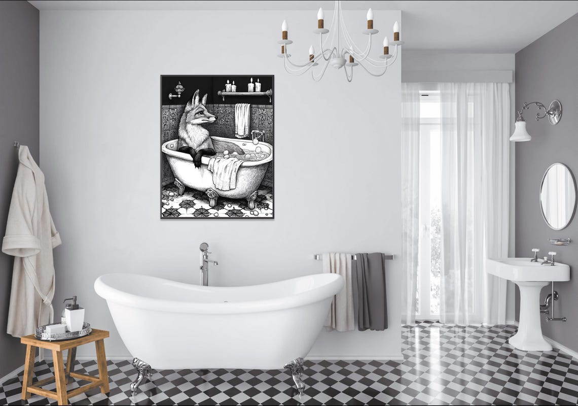 Fox Relaxing In A Clawfoot Bathtub Vintage Engraving Style Poster - Image 2