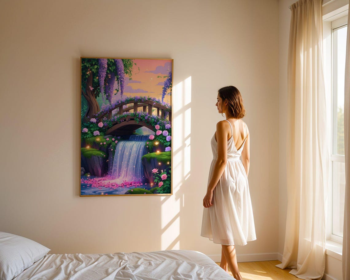 Fairytale Floral Bridge Waterfall Pink Roses Twilight Art Print - Image 4