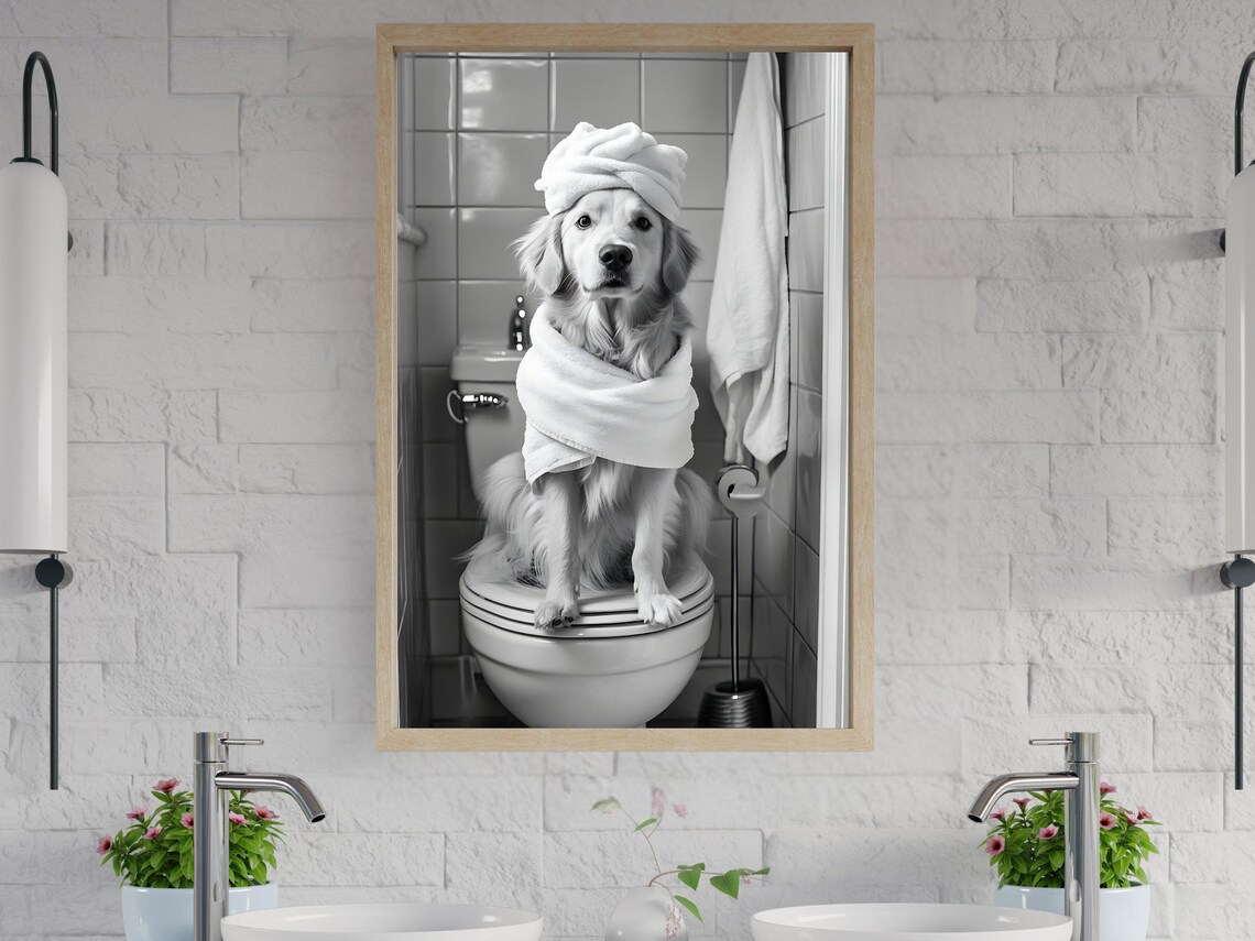 Golden Retriever Wrapped in Towels Enjoying a Spa Day on Toilet Poster