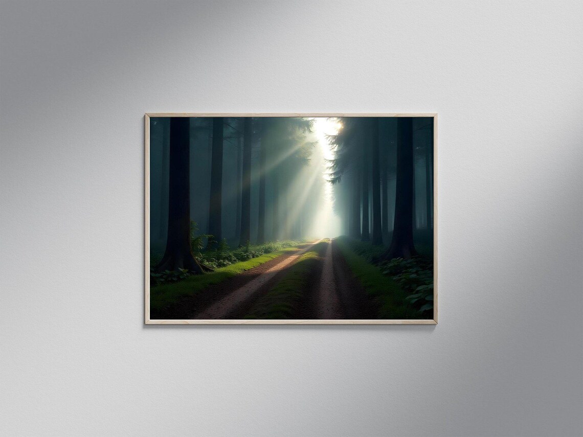 Forest Pathway Sunlight Beams Wall Art Nature Print Serene Forest Decor Mystical Woods Poster Tranquil Forest Landscape