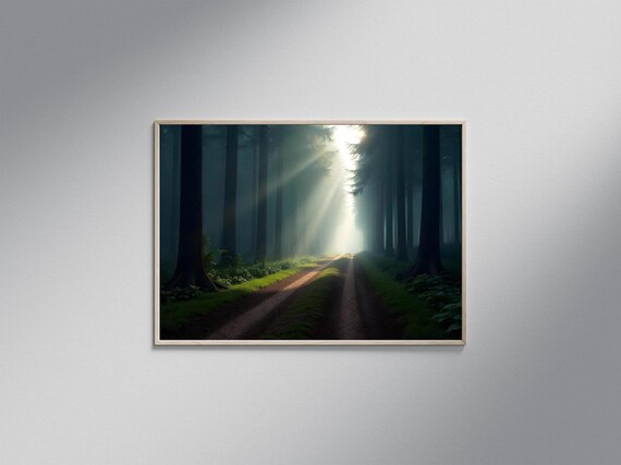 Forest Pathway Sunlight Beams Wall Art Nature Print Serene Forest Decor Mystical Woods Poster Tranquil Forest Landscape