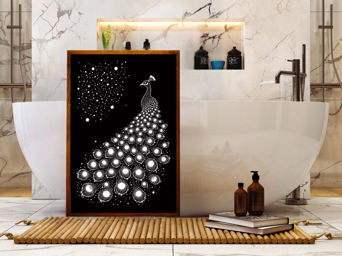 White Line Art Peacock With Starry Tail On Black Elegant Bird Poster - Image 4