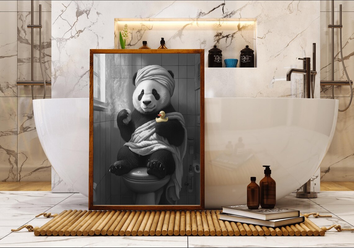 Panda in a Towel Turban Sitting on the Toilet with Rubber Duck Poster - Image 5