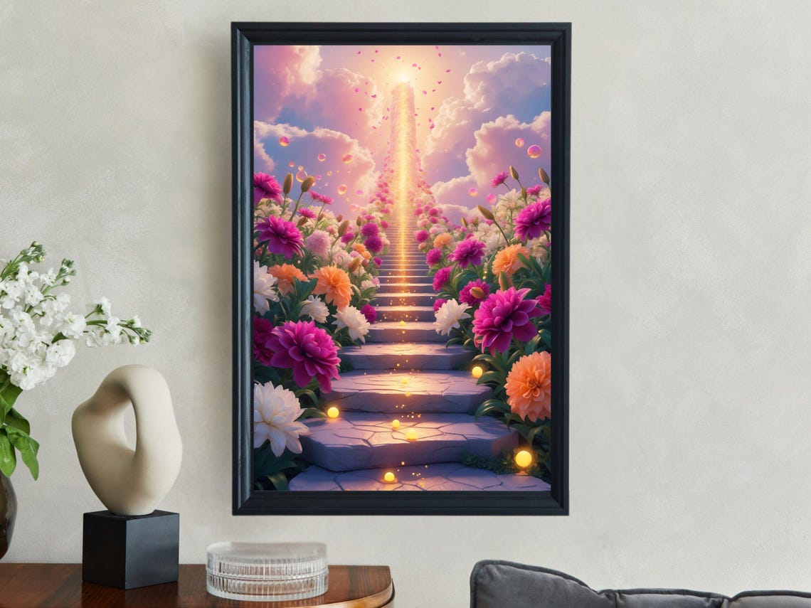 Flower Lined Staircase Rising Into Glowing Pink Clouds Poster