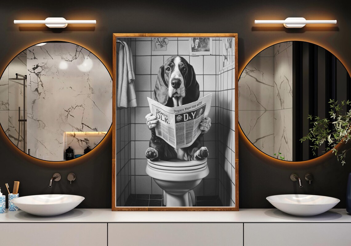 Basset Hound Reading Newspaper On Toilet Black And White Poster - Image 3