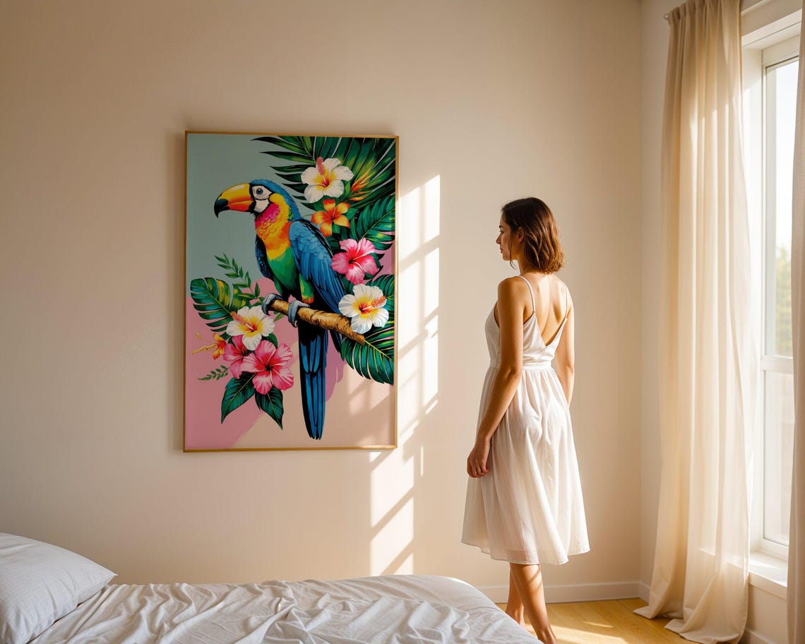 Colorful Toucan Perched Among Hibiscus Flowers And Palm Leaves Poster - Image 4